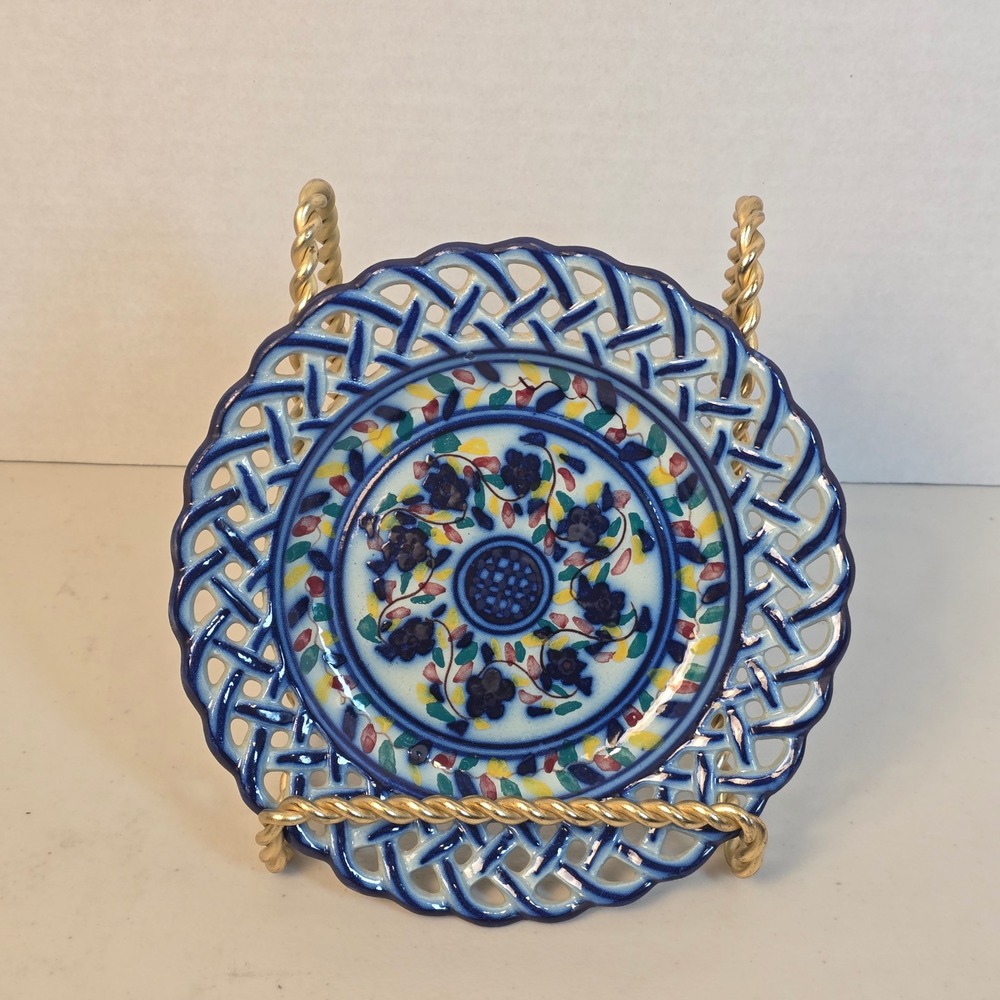 VTG Soares Dos Reis Hand Painted Lattice Blue Floral‎ Ceramic Plate 7.5in Signed